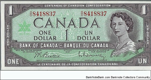 Canada 1967 1 Dollar.

Centenary of Canadian Confederation.

Off-centre error. Banknote