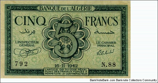 Banknote from Algeria year 1942