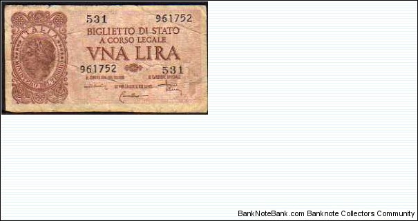 1 Lira__ pk# 29 c__ sign: Di Cristina/Cavallaro/Parisi__ R.D.L 20.05.1935-n° 874__ D.M 23.11.1944__ series: 531 - 961752 Banknote