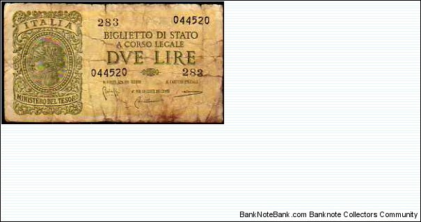 2 Lire__ pk# 30 b__ sign: Bolaffi/Cavallaro/Giovinco__ R.D.L 20.05.1935-n° 874__ D.M 23.11.1944__ series: 283 - 044520 Banknote