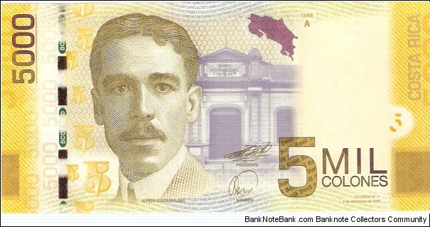 5000 colones; September 2, 2009; Series A Banknote