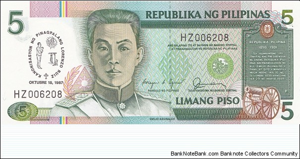 Philippines 5 piso 1987 commemorative overprint: Canonization of San Lorenzo Ruiz (18.10.1987) Banknote