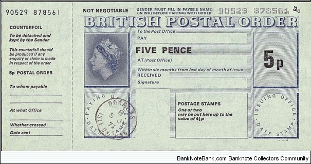 Isle of Man 1973 5 Pence postal order.

Issued at Douglas.

Datestamp applied incorrectly. Banknote