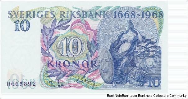 Sweden 10 kronor 1968 300th Anniversary of Sveriges Riksbank (1668-1968) Commemorative Issue Banknote