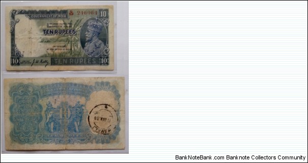 10 Rupees. British-India. JW Kelly signature. George V. Banknote