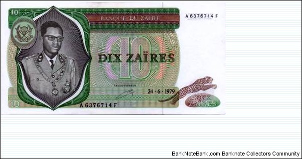 Zaire -  10 Zaires,
24-6-1979 BANQUE du ZAIRE  Banknote