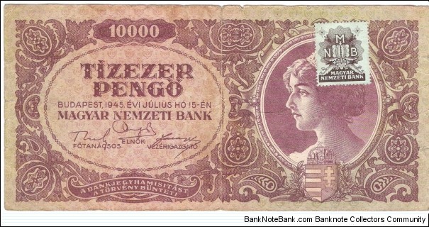 10.000 Pengo(increase value brown stamp issue of 1945) Banknote