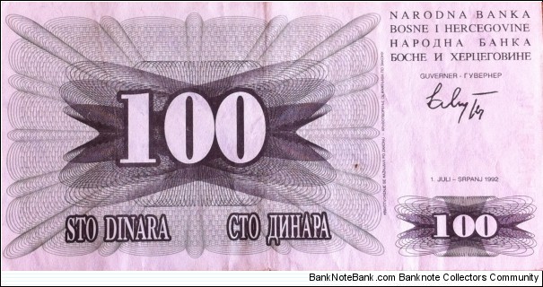 Bosnia and Herzegovina 100 Dinara Banknote