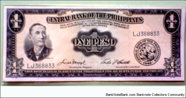 English Series; 1-Peso; Sig: Macapagal & Castillo;  Apolinario Mabini /  Barasoain Church Banknote