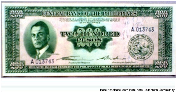 English Series; 200-Pesos; Manuel Quezon / Legislative Palace (today National Museum), Manila Banknote