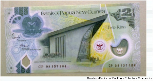 2 Kina - Polymer, 35th Anniversary Bank of Papua New Guinea (1973-2008), Bank of Papua New Guinea
Parliament Building, Port Moresby / Artifacts Banknote