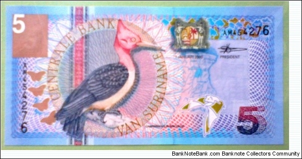 5 Gulden, Centrale Bank van Suriname, 
Red-necked woodpecker (campephilus rubricolis) / Central Bank building (Paramaribo), passion flower (passiflora quadrangularis) Banknote