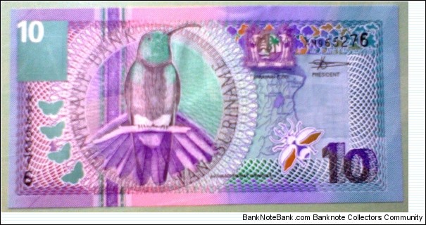 10 Gulden, Birds Issues, Black-throated mango (anthracothorax viridigula)
Central Bank building (Paramaribo), scarlet star flower (guzmania lingulata) Banknote