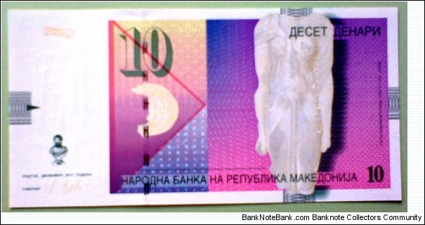10 Denari, Macedonia, 1996-2011,  Narodna Banka na Republika Makedonija
Torso of Goddess Isis / Mosaic, peacock Banknote