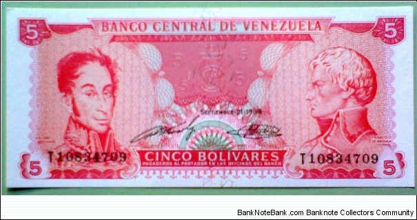 5 Bolívares, Banco Central de Venezuela; Simón Bolívar, Francisco de Miranda / National Pantheon, Caracas Banknote