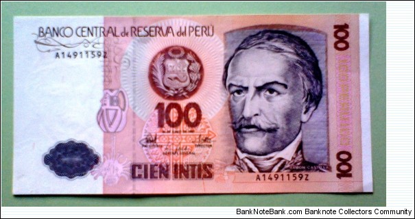100 Intis, Banco Central de Reserva del Perú
Ramón Castilla / Cotton spinning frame Banknote
