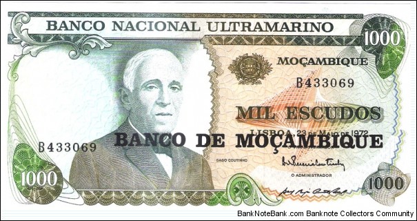 overprinted with Banco de Moçambique in 1976 Banknote