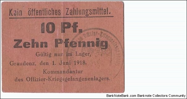 10 Pfennig from the Graudenz POW camp. (Reverse is blank) Banknote