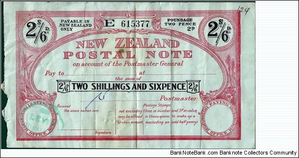 New Zealand 1952 2 Shillings & 6 Pence (1/2 Crown) postal note.

Issued at Levin. Banknote