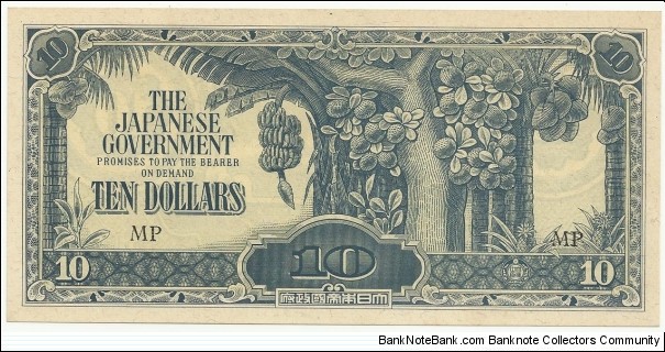 JapaneseOcpBN 10 Dollars 1942-45 (Malaya) Banknote