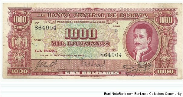 Bolivia 1000 Bolivianos 1945 Banknote