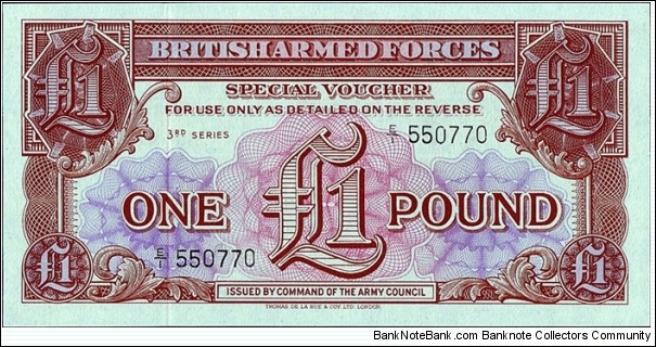 British Armed Forces N.D. 1 Pound.

Series III.

'E/1' serial number prefix.

Faultily printed serial numbers. Banknote