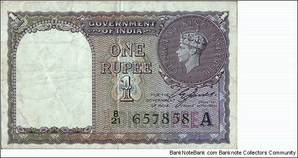 India 1940 1 Rupee.

Green serial number.

Inset letter 'A'. Banknote