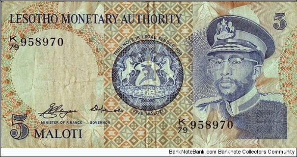 Lesotho 1979 5 Maloti.

Serial number prefix - 'K/79'. Banknote