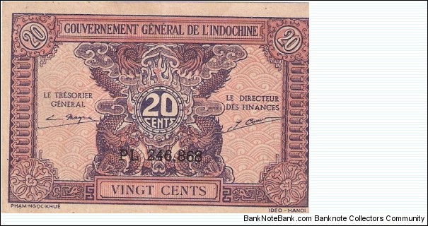 General Government of Indochina; 1942; 20 cents

Part of the Dragon Collection! Banknote