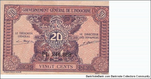 General Government of Indochina; 1942; 20 cents

Part of the Dragon Collection! Banknote