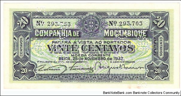 20 Centavos(Companhía de Moçambique / Beira 1933) Banknote