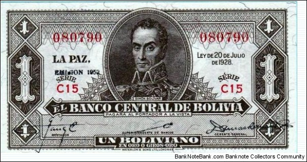 1 BOLIVIANO
(Waterlow) Banknote