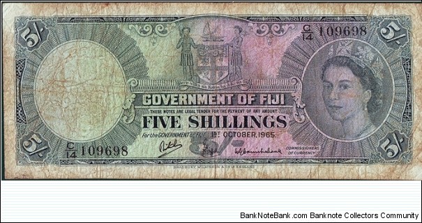 Fiji 1965 5 Shillings.

Printed & cut unevenly. Banknote