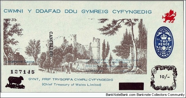 Wales 1969 10 Shillings.

Black Sheep Company of Wales Limited.

Printed off-centre on the back in error. Banknote