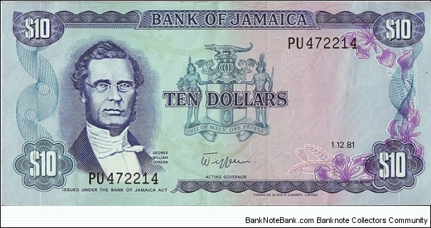 Jamaica 1981 10 Dollars. Banknote