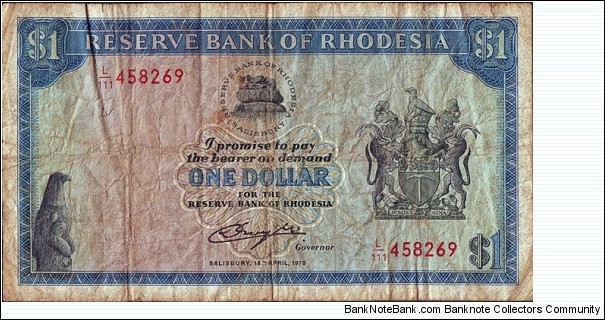 Rhodesia 1978 1 Dollar. Banknote