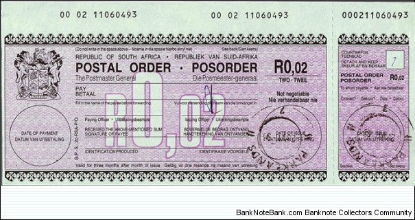 South Africa 1993 2 Cents postal order.

Issued at Parklands,Cape Town (Cape Province). Banknote