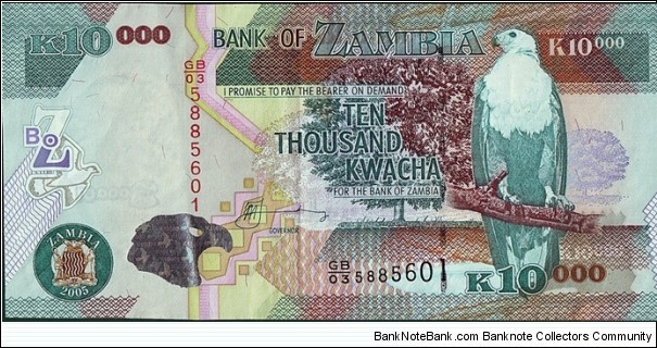 Zambia 2005 10,000 Kwacha.

Cut & printed unevenly. Banknote
