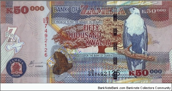 Zambia 2006 50,000 Kwacha.

Cut unevenly. Banknote