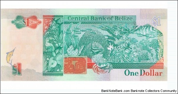 Belize 1 Dollars; fish, lobster, Banknote