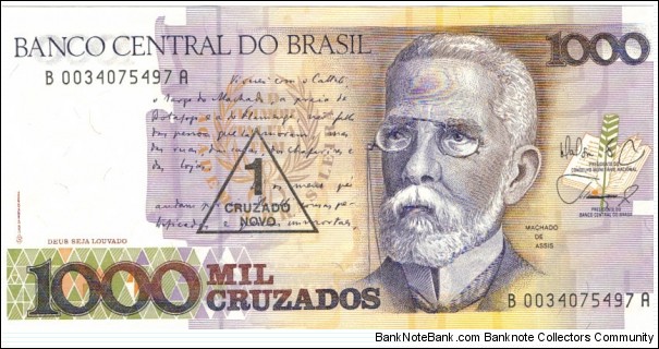 1 Cruzado on 1000 cruzado note Banknote