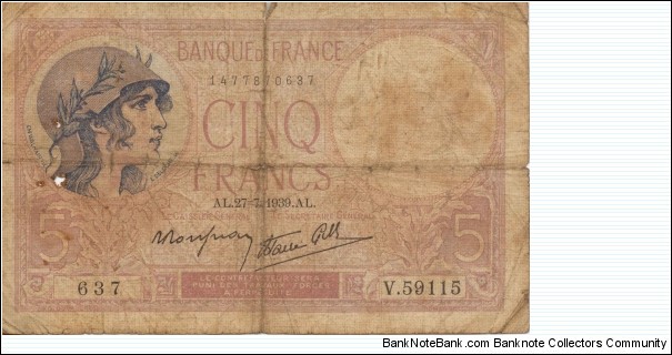 5 Francs 27Jul1939 Banknote