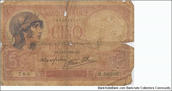 5 Francs -13Ju1939 Banknote