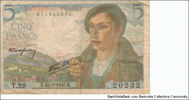 5 Francs - 22Jul1943 Banknote