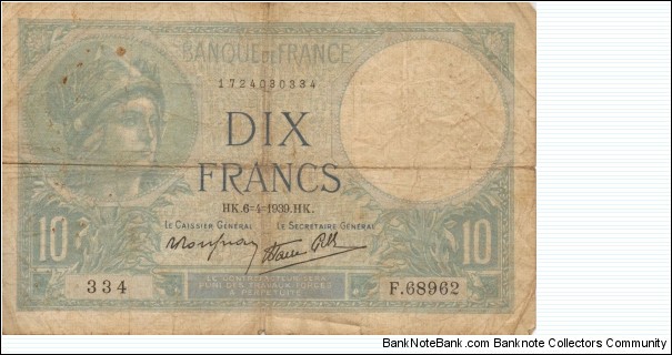 10 Francs 06Apr1939 Banknote