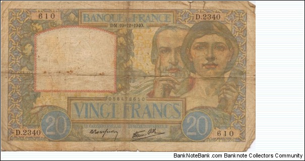 20 Francs 19Dec1940 Banknote