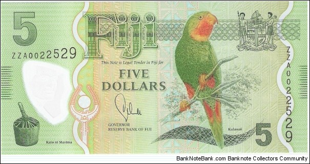 5 dollars; 2013.  Polymer note. Banknote