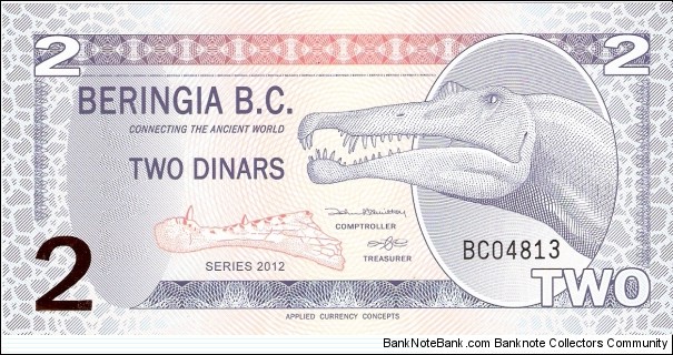 Beringia B.C.; 2 dinars; 2012.  Polymer note.  Private fantasy issue created by Applied Currency Concepts. Banknote