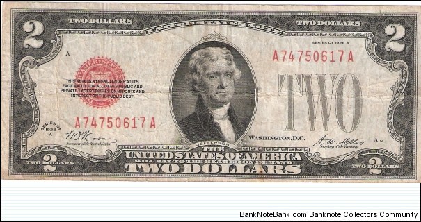 United States Note; 2 dollars; Series 1928A (Woods/Mellon) Banknote