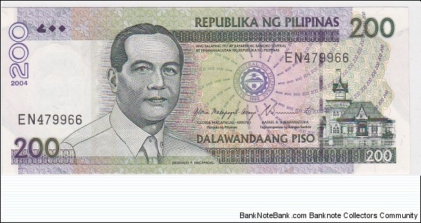 Philippines 200 Pesos NDS

O: Disosdado Macapagal, Aguinaldo shrine

R: Scene of swearing in of Gloria Macapagal Arroyo 

*signature 17
Arroyo - Buenaventura Banknote